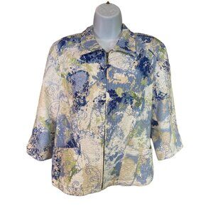 Coldwater Creek Womens Textured Jacket P14 Blue Abstract 3/4 Sleeve Cottagecore